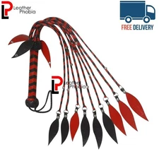 BDSM Real Leather Flogger, Red Steel Studs 09 Falls Leather handle Sex Whip
