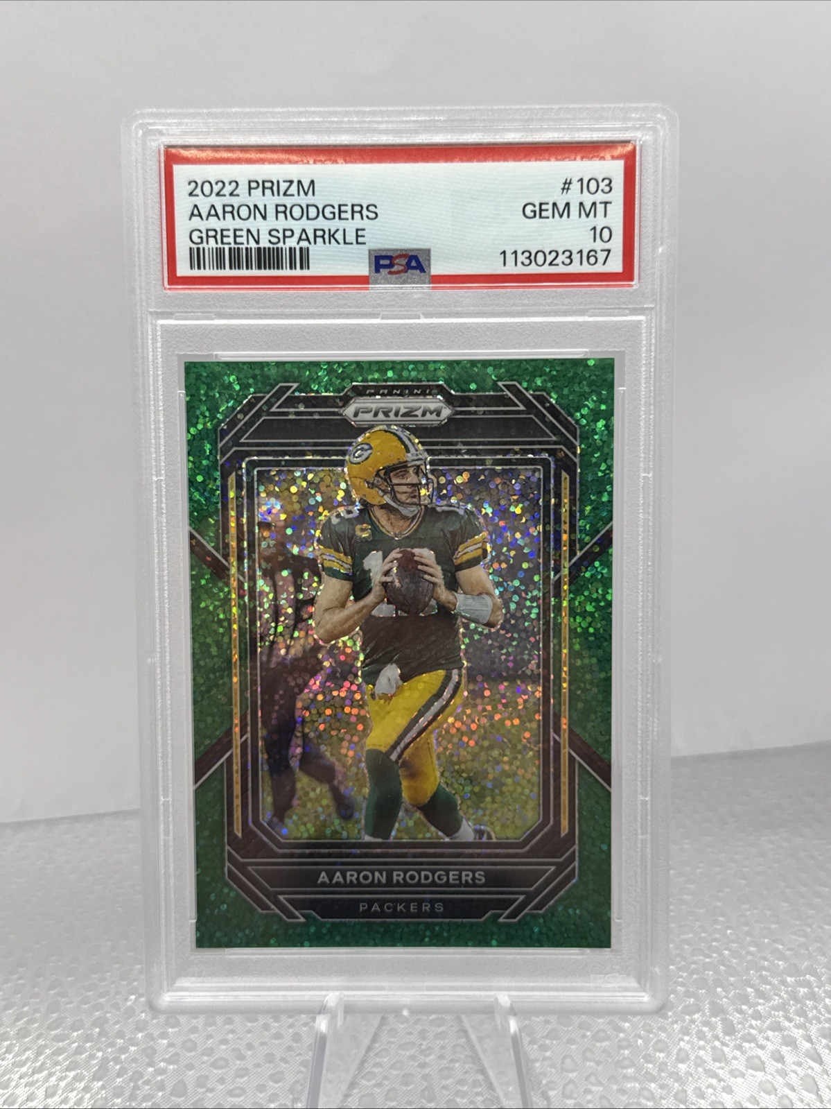 2022 Panini Prizm Green Sparkle #103 Aaron Rodgers (#1/8) - PSA GEM MT 10