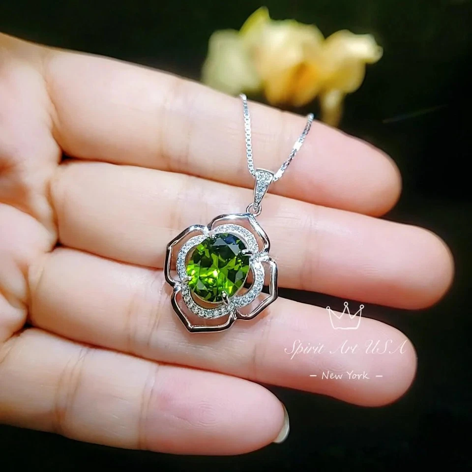Sterling Silver Large Peridot Necklace , Green Flower of Life Necklace - Oval - Image 4 of 4