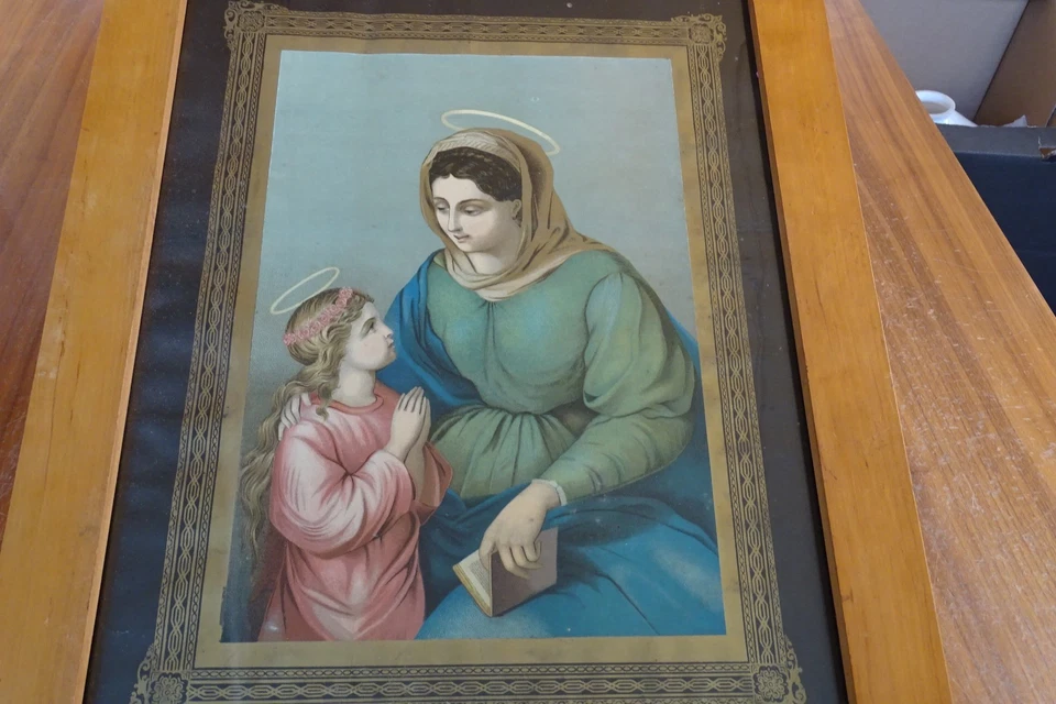 c.1895 HEILIGENBILD 59x44cm Hl. St. ANNA lehrt MARIA Druck von O. Bloch Breslau - Bild 4 von 4
