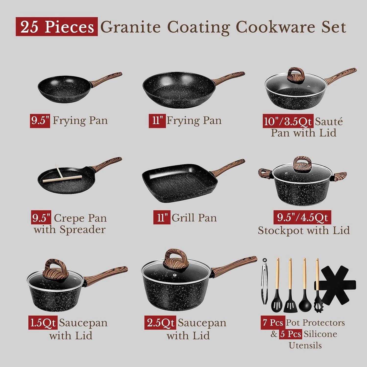 25 pcs Nonstick Ceramic Cookware Set Induction Pots and Pans Non-Toxic Black