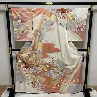 Kimono Visiting Gold Color Beautiful Flower Pattern Chrysanthemum Arabesque Pure
