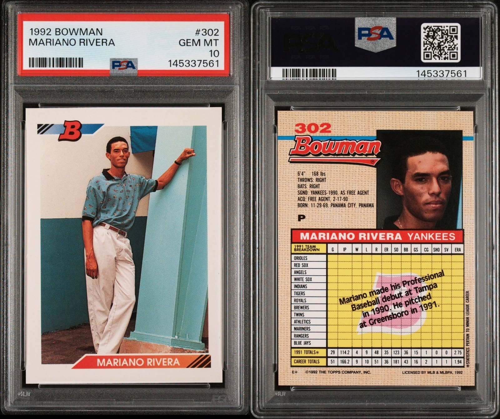 PSA 10 - 1992 Bowman - Mariano Rivera #302 (RC) - HOF *TEXCARDS* view 3