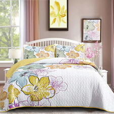 3 Pieces Quilt Set Queen Size Yellow Floral Pattern, Colourful Floral Bedspread