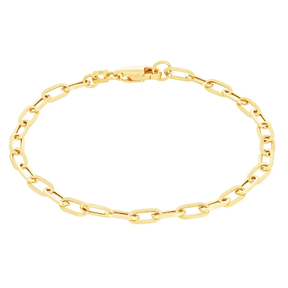 Pulseira feminina de ouro amarelo 10k com clipe de papel corrente rolo elo alongado 7"