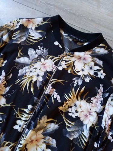 Dorothy Perkins Black Floral Bomber Jacket Zip Front Black Ribbing Casual UK12 - Picture 13 of 20