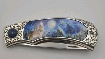Franklin Mint Wolf Howl Folding Pocket Knife Spring Loaded Collector Series Moon