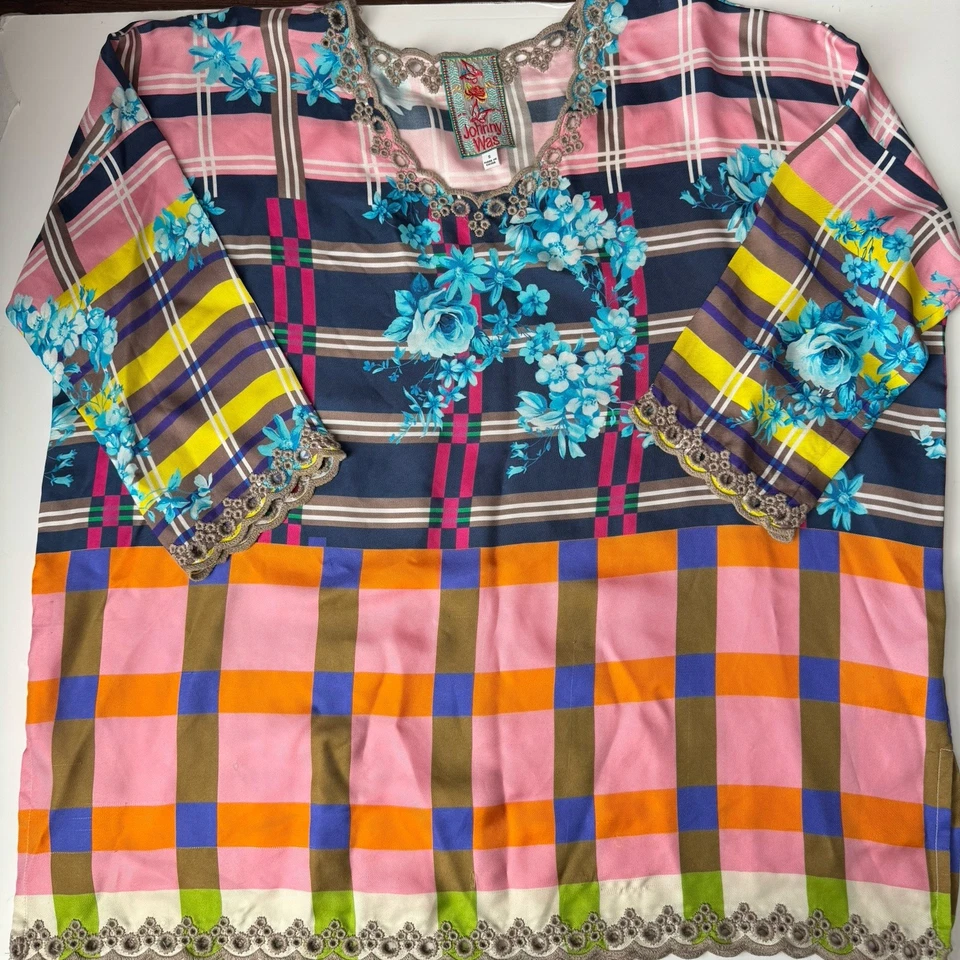 Túnica Johnny Was para mujer cuello redondo seda floral bordada manga larga DEFECTOS Foto 2 de 4