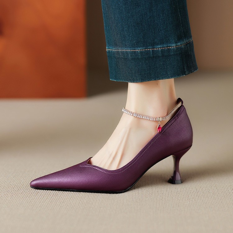 Women Real Leather Pointed Toe Ankle Strap 6.5cm Mid Stiletto Heel Pump Shoes OL
