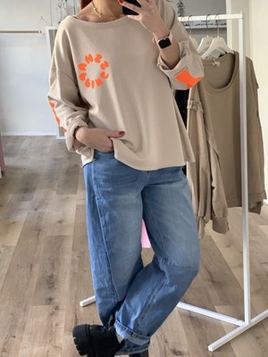 Oversized Sweater Beige Letterprint ''HAPPY'' in Neon Raw Edge Optik Onesize (H4)