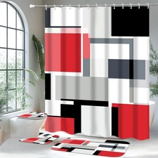 4 Pcs Bathroom Sets with Shower Curtain and Rugs,Red Geometric Bathroom Showe...