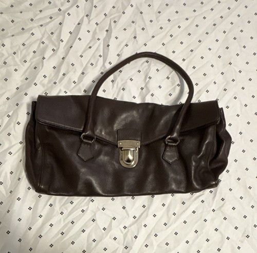 PRADA Brown Large Satchel Top Handle Bag Buckle Closure Silver Hardware Dust Bag
