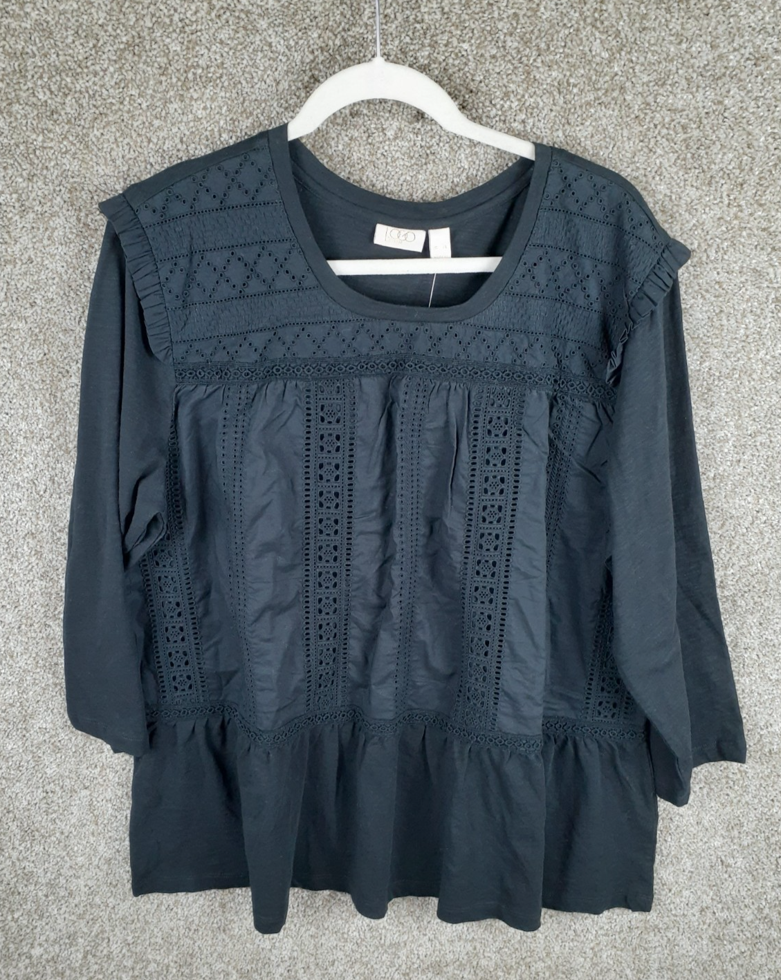 Logo Lavish By Lori Goldstein Eyelet Peplum Top Womens XL Black 3/4 Sleeve NWT