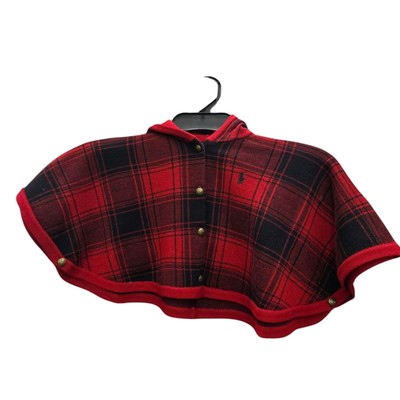 Polo Ralph Lauren Girls Plaid Wool Hooded Poncho Red Black Size 3-6 Months  NWT