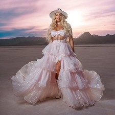 Pink Glitter Tulle Evening Dresses with Sequins and Ruffles High Waist Ball Gown