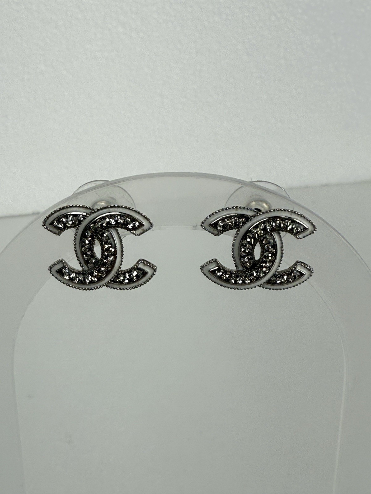 CHANEL Silver Tone Rhinestone CC Logo Stud Earrings Pushback Closure