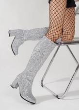 Women's Glitter Block Heels Round Toe Zip Knee High Boots Club Casual Shoes 2026