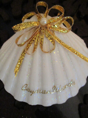Vtg Cayman Island Sea Shell White Glitter Christmas Ornament w/Gold Bow Trim EUC