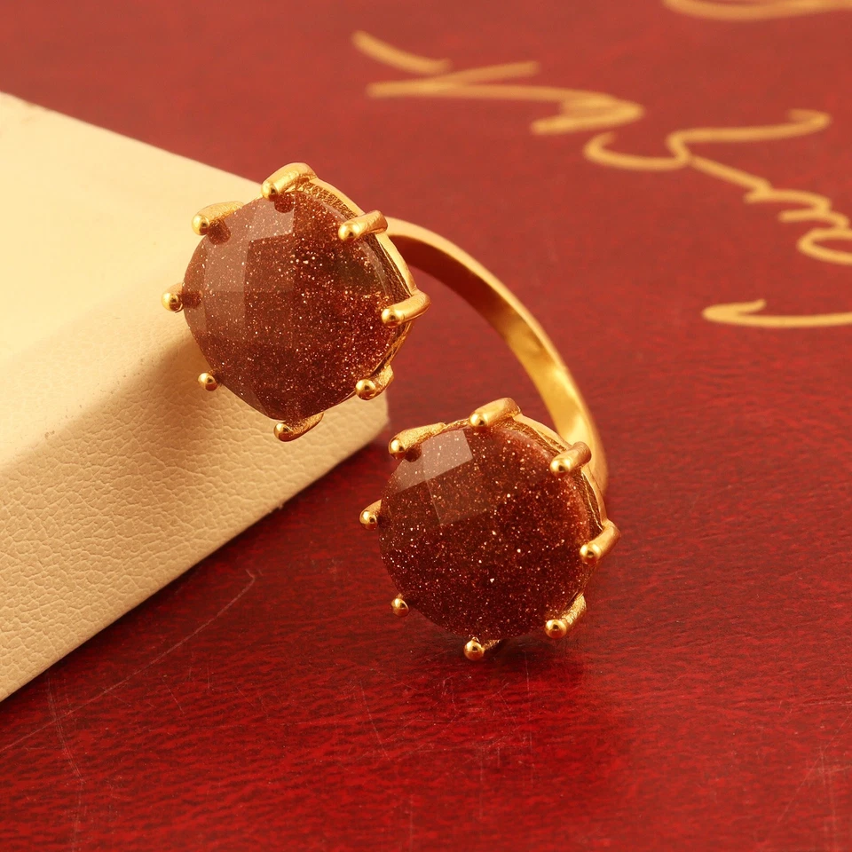 Red Sunstone Double Stone Open Ring Gold Plated Prong Set Open Adjustable Ring - Image 3 of 4