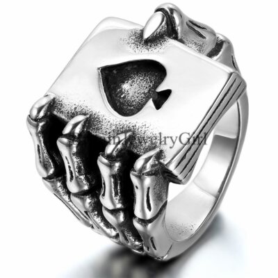 Men Stainless Steel Punk Gothic Skull Claw Heart Poker Biker Ring Band Size 7-13