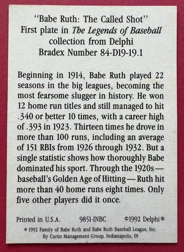 1992 Delphi Baseball Babe Ruth The Called Shot New York Yankees - Picture 2 of 2