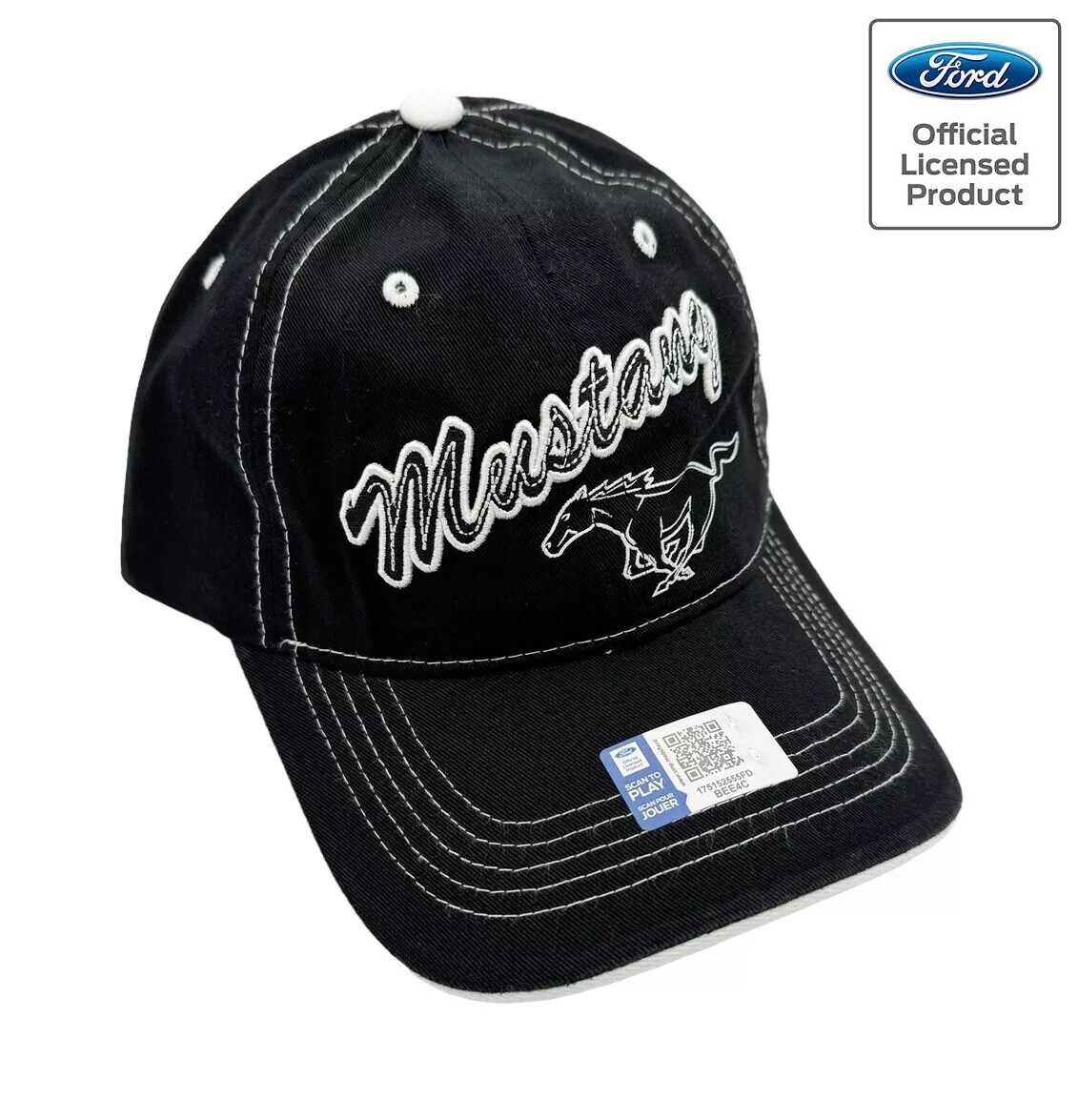 Cappello nero Ford Mustang con logo pony e script ""Mustang"" ricamato