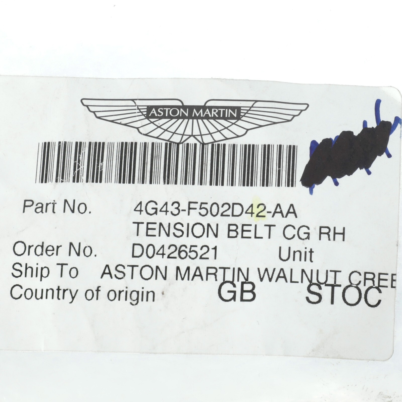 GENUINE ASTON MARTIN TENSION BELT CG RH OEM NEW 4G43-F502D42-AA