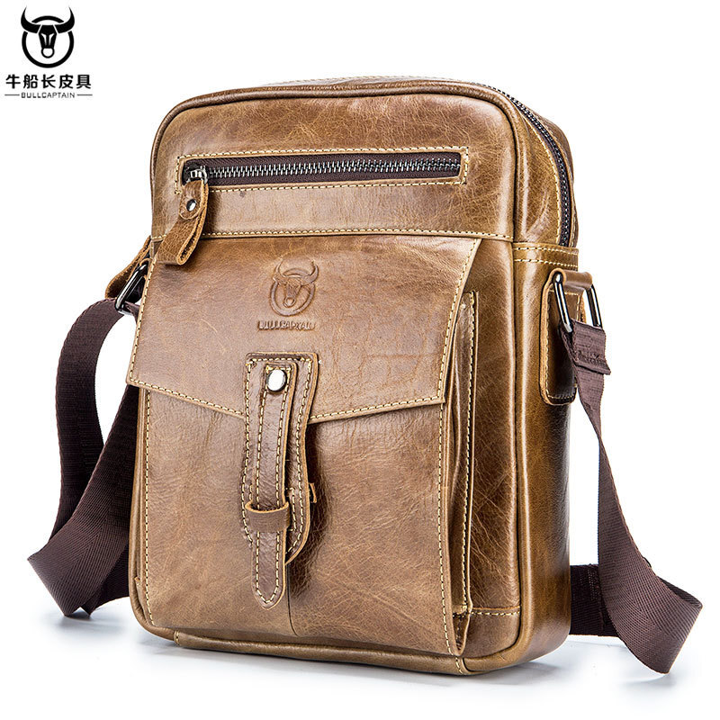 men's casual leather business travel shoulder bag Small Bag, Genuine Bag, Retro lightweight Cross Body Everyday Satchel for Sport Hiking Polycotton Material BULLCAPTAIN Famous Genuine Leather Men