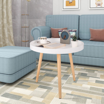 Weißer Runder Kleiner Couchtisch, Nachttisch, Blumenständer, Massivholz, Skandin