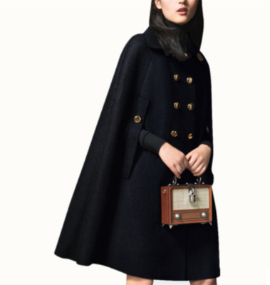 Women Double Breasted Wool Blend Black Cloak Cape Jacket Loose A