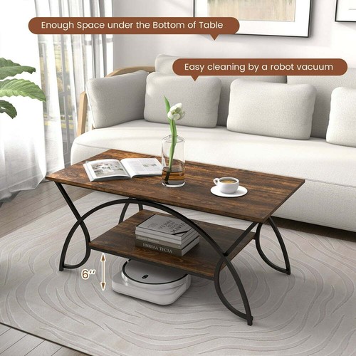 Coffee Table Industrial Rectangular Cocktail Table Storage Shelf Rustic Brown - Picture 6 of 12