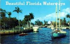 Beautiful Florida Waterway Boats Scenic Tropical Palm Trees Chrome Postcard