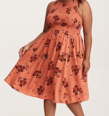 Torrid Rust Floral Print Smocked Challis Midi Dress 2X 2 18 20 #C58912