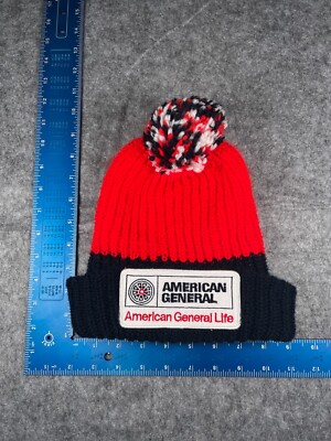 American General Life Beanie Toque Adult One Size Blue Red Knit 100% Acrylic Pom
