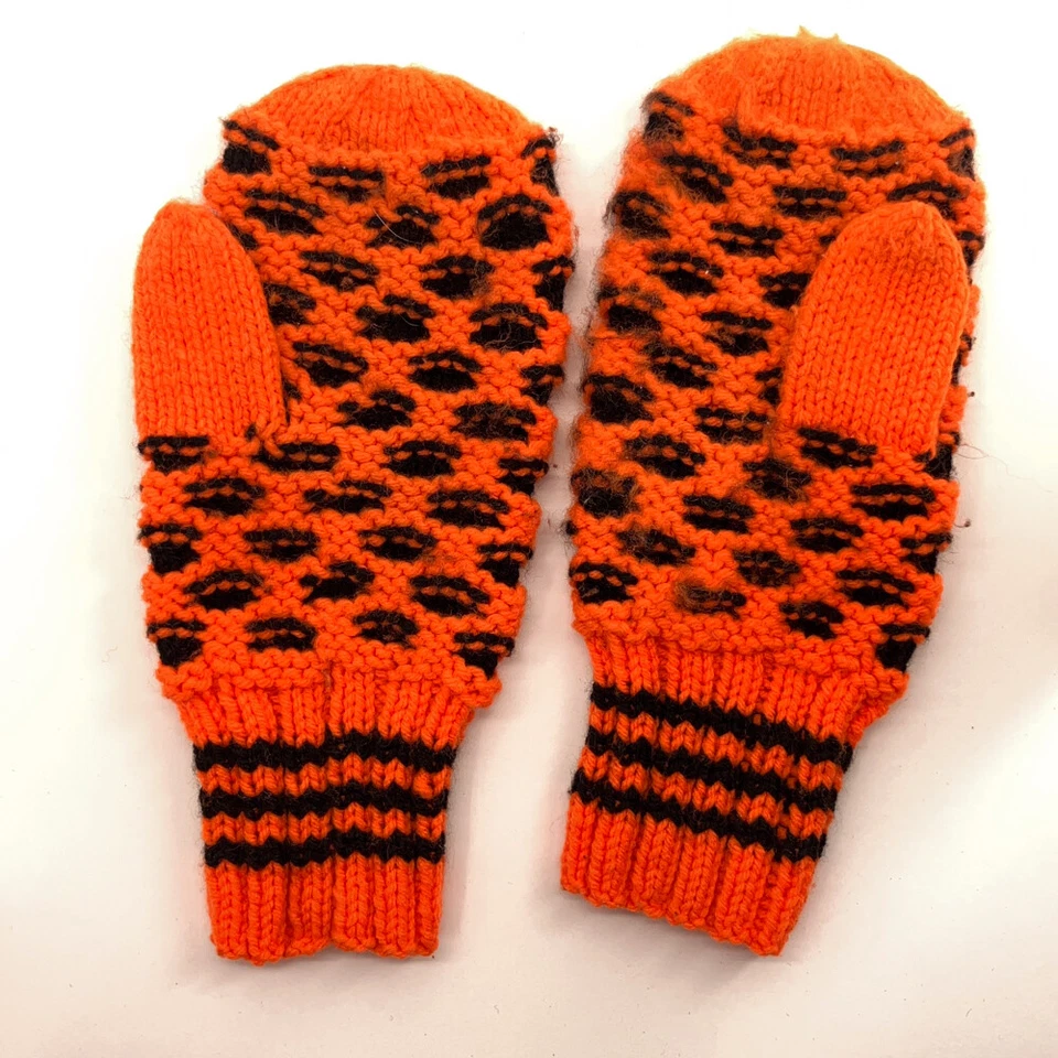 Home knit orange black pattern mittens - Image 2 of 4