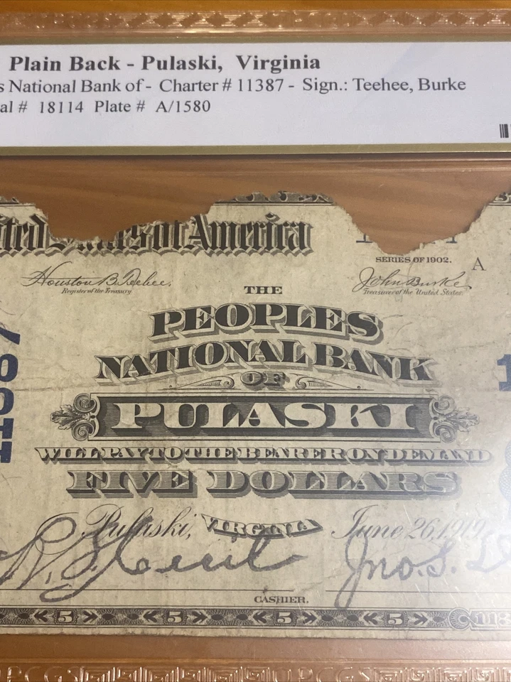 PCGS BANKNOTE CHOICE FINE 15 $5 1902 PLAIN BACK - PULASKI,VIRGINIA 1/1!!! - Image 4 of 4