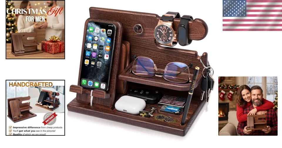 Organizador de estación de acoplamiento de teléfono de madera - Regalo de cumpleaños para hombre Foto 2 de 4