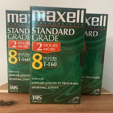 Maxell Video Cassette Standard Grade VHS T-160 8 Hours 3-Pack Tapes New Sealed