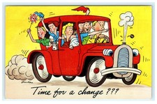 Vintage Cartoon Postcard Overloaded Red Car "Time for a change" Primar PA-23