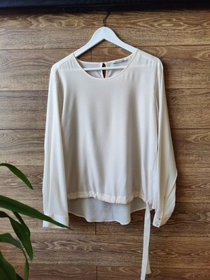 Luxury Rich & Royal Women Silk Drawstring Hem Long Sleeve Ivory Pink Blouse L