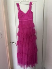 Betsy  Adam Pink Tulle Tiered Ruffle V-Neck Strappy Long Gown Dress Sz 6
