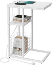 Vagusicc C Shaped End Table with Charging Station, Side for White 