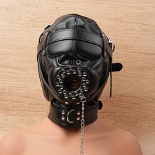PU Leather Bondage Hood Sensory Deprivation Hood Mask With Gag Head Harness BDSM