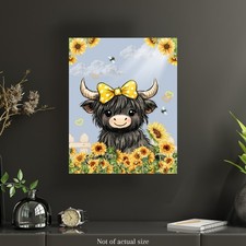 Highland Cow Sunflower Art Prints, Wall Art, Whimsical Kids Room Decor