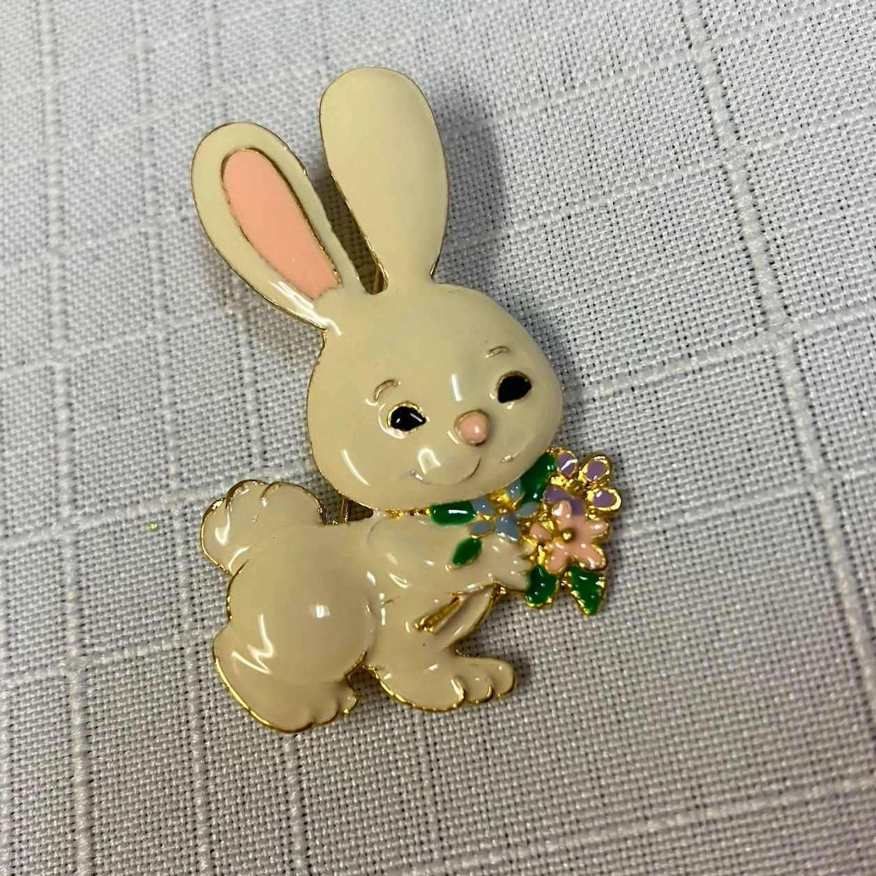 Vintage Enamel Easter Bunny Rabbit Holding a Flower Bouquet Brooch Pin