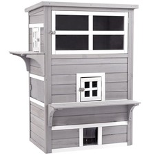 3-Story Cat House with Raised Floor, Escape Doors, Gray