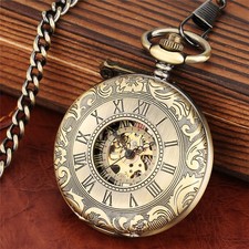 Vintage Skeleton Mechanical Pocket Watch Wind-Up Double Hunter Case with Chain
