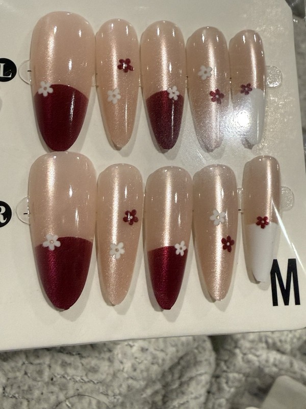 Medium Almond Press-On Floral Nails with Burgundy French Tips, Cat-Eye