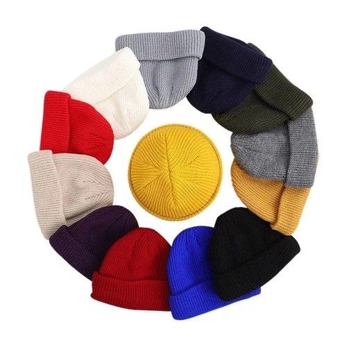 Mini Short Fisherman Beanie Hat Ribbed Docker Winter Warm Knitted Skull Cap cuff - product listing photo