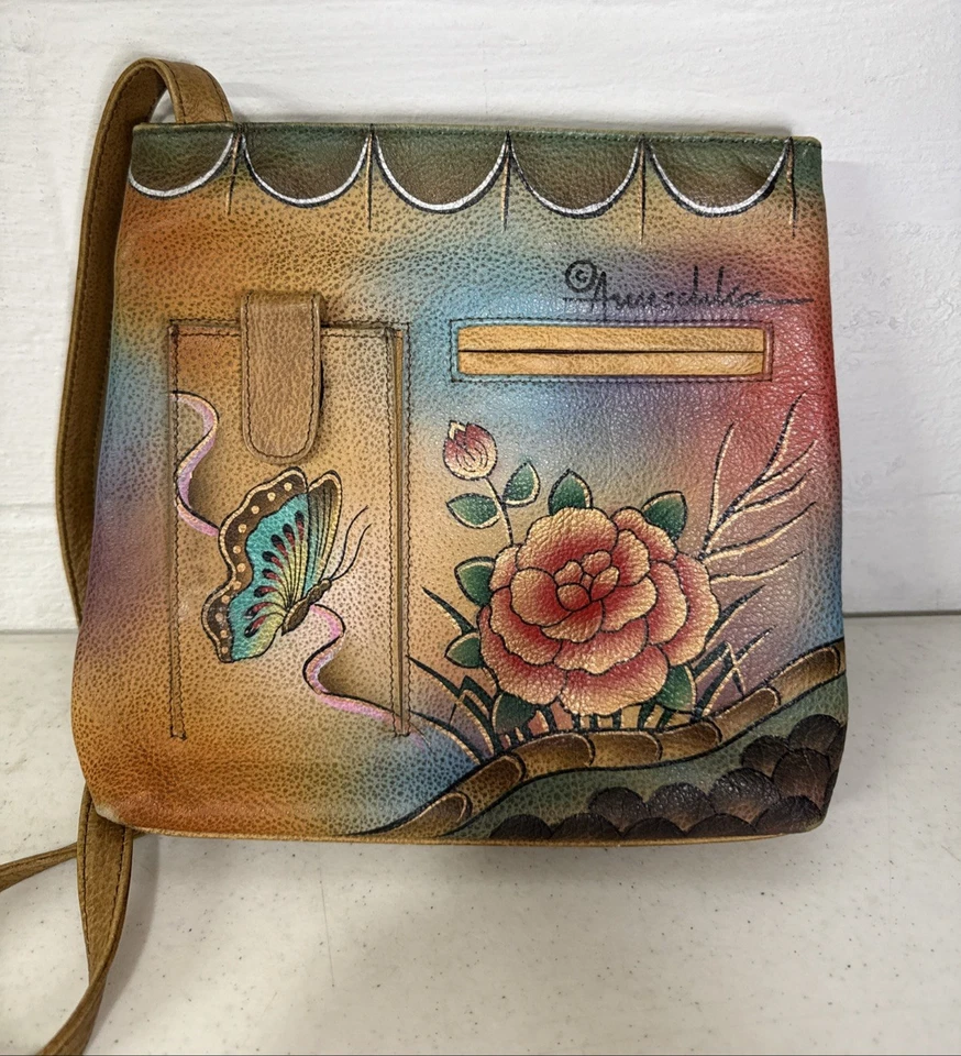 Bolso de Mano ANUSCHKA Bandolera Expandible Pintado a Mano Mariposa y Flores Foto 3 de 4